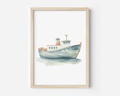 a watercolor painting of a boat floating on the water in front of a white wall