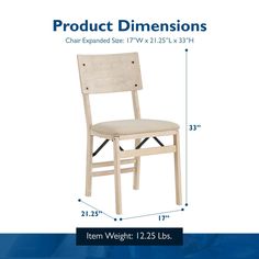 the side view of a wooden chair with measurements for it and its seat widths