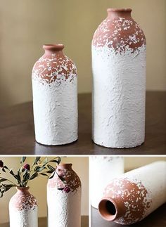 three different views of white and brown vases with flowers in them sitting on a table