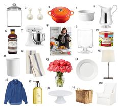 a bunch of items that are sitting on a white tablecloth with the words kitchen essentials written below them