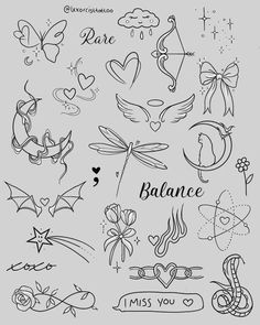 the different tattoo designs are drawn in black and white, including hearts, stars, dragon wings