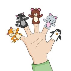 a person's hand with five finger puppets in the shape of animals on it