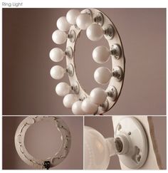 three different views of a light fixture with balls hanging from it's center and the bottom