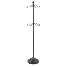 a black coat rack with three hooks and two coats on it's sides, against a white background