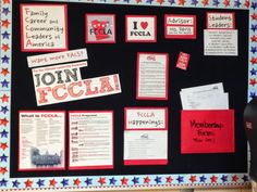 a bulletin board with red, white and blue papers on it that says join folla