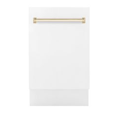 a white dishwasher with gold handles on the front and bottom, against a white background