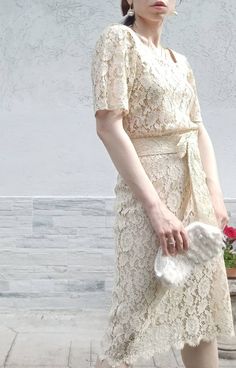 Vintage 60s cream cotton lace tailored dress. Not lined, needs a slip or suitable underwear. Coordinated belt with bow and long ribbons. Beautiful cut, a really graceful dress, perfect for a bride to be. Excellent vintage conditions. Best for for size S and XS. Model's size 6 UK, h 163 cm. Formal Cream Lace Dress, Beige Lace Dress For Wedding, Formal Beige Lace Dress, Beige Lace Dress For Formal Summer Events, Beige Lace Dress For Summer Formal Events, Elegant Cream Lace Dress With Delicate Lace, Beige Lace Dress For Evening, Cream Lace Dress For Party With Delicate Detailing, Cream Delicate Lace Dress For Party