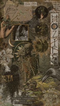 an altered collage with various images and words on the side, including a bird