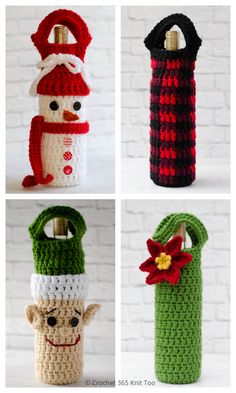 four crocheted christmas items are shown in three different colors and sizes, including a bottle