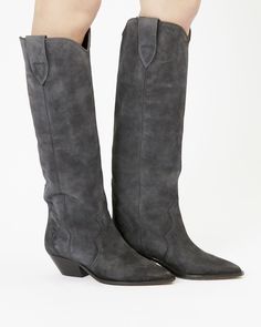 Women's Denvee Suede Boots In Faded Black | Isabel Marant US Leather High Boots, Isabel Marant Boots, Calf Length Boots, Fashion Cowboy Boots, Leather Knee Boots, Black Order, Slouchy Boots, Cuban Heels, High Leather Boots