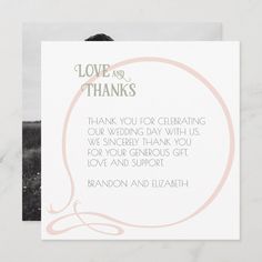 a wedding thank card with the words love and thanks written in pink on white paper