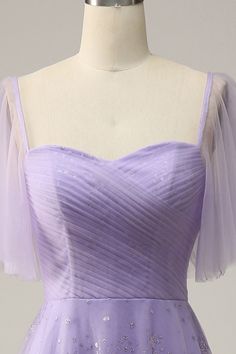 Lavender Party Gown With Sweetheart Neckline, Fitted Lavender Tulle Gown, Lavender Fitted Tulle Dress, Fitted Lavender Tulle Dress, Lavender Short Sleeve Formal Dresses, Fitted Purple Gown With Pleated Bodice, Lavender Ruffled Dress For Wedding, Purple Fitted Dress With Pleated Bodice, Lavender Evening Dress With Fitted Bodice