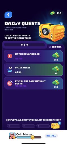 the menu for an interactive game called daily quest