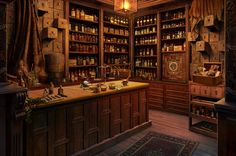 an old fashioned kitchen with lots of bottles on the shelves and cupboards full of spices