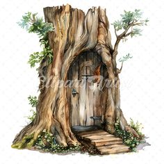 a watercolor painting of an old tree stump with a door