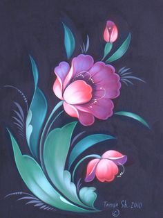 a painting of pink flowers with green leaves on a black background, painted in acrylic paint