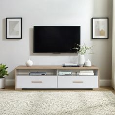 a living room with a large flat screen tv on the wall and two planters