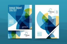 an annual report cover and brochure design with blue, green and yellow shapes