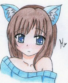 a drawing of a girl with blue eyes and cat ears on her head is shown