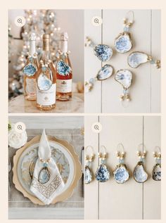 blue and white christmas decorations with wine bottles