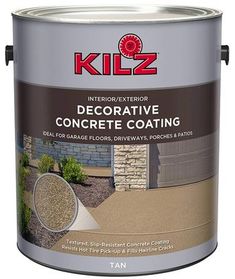 a white paint with the words decorative concrete coating on it's side and an image of