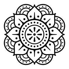 a black and white drawing of a flower with leaves on it's petals, in the shape of a circle