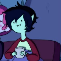 two cartoon characters are sitting on a couch and one is holding a cup in his hand