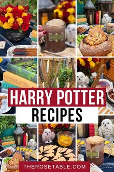 harry potter recipe collage with images of food, flowers and other things to eat