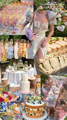 a collage of photos with barbie dolls, cakes and desserts on display at an outdoor event