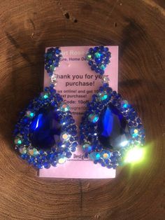 Royal Blue Bracelet, Pageant Earrings, Fun Ornaments, Chunky Earrings, Large Crystal, Rhinestone Bridal, Matching Bracelet, Earrings Blue, Rhinestone Bracelet