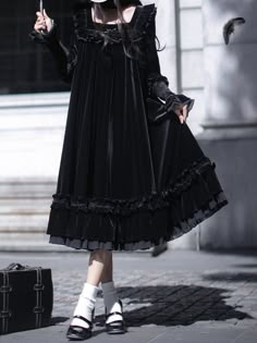 The price is for a dress only, others are not included. Garment Size SizeSMLXLBust9296100104Sleeve Length72737475Full Length109111113115 Dark Princess Aesthetic Outfits, Knee-length Velvet Dress For Winter, Gothic Long Sleeve Mini Dress With Ruffles, Black Long Sleeve Victorian Dress For Fall, Long Sleeve Victorian Dress For Fall Costume Party, Long Sleeve Victorian Dress For Winter Costume, Long Sleeve Mini Dress For Costume Party, Black Victorian Dress With Long Sleeves For Fall, Fall Party Vintage Dress With Long Sleeves