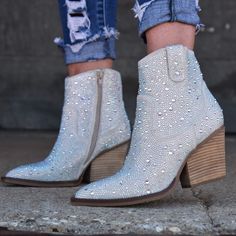 Very G Kady Silver Rhinestone Heeled Bootie Cowboy Booties Outfit, Trending Now Fashion, Taylor Concert, Sparkly Boots, Pink Concert, Rhinestone Boots, Country Strong, Swift Concert, Festival Shoes