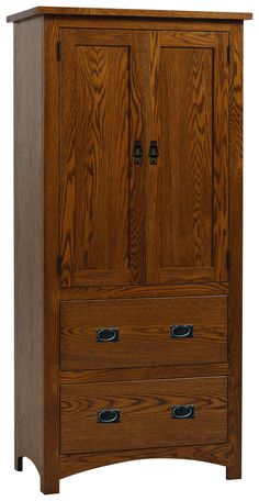 a wooden armoire with two drawers on one side and an open drawer on the other