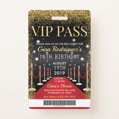 a ticket for a birthday party with red carpet and gold glitters on the background