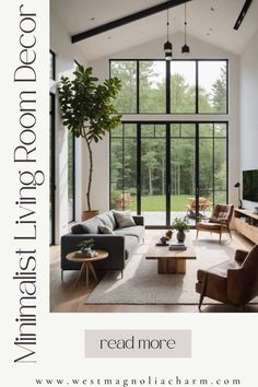 a living room filled with furniture and a large window that reads read more on the image