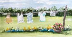 a painting of clothes hanging out to dry on a line with flowers in the foreground