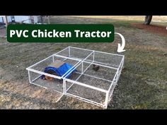 a chicken in a cage with the words p vc chicken tractor above it and an image of chickens inside