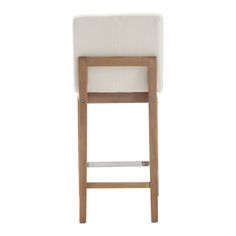 a white and wood bar stool with an armrest on the back, against a white background