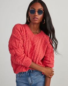 Red %  Corey Relaxed Cable Knit Sweater-1 Cozy Cable Knit V-neck Sweater For Winter, Cozy Long Sleeve Cable Knit V-neck Sweater, Cozy V-neck Cable Knit Sweater, Cozy Cable Knit V-neck Sweater, Casual Cable Knit V-neck Sweater For Fall, Fall Cable Knit V-neck Sweater, Western Wear Dresses, Fall Staples, Chunky Cable Knit