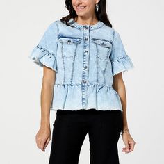 C Wonder by Christian Siriano Short-Sleeve Denim Jacket  This short, ruffle-sleeved denim jacket adds a fun, flattering element to your workday-to-weekend looks. The super-stretch denim provides an easy, comfortable fit you'll love. Spring Medium Wash Ruffled Tops, Trendy Light Wash Top With Ruffles, Trendy Light Wash Tops With Ruffles, Chic Denim Top With Ruffles For Spring, Trendy Light Wash Ruffled Tops, Spring Denim Top With Ruffles And Short Sleeves, Fall Denim Short Sleeve Top For Day Out, Fall Short Sleeve Denim Top For Day Out, Fall Denim Top With Short Sleeves For Day Out