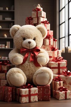 a teddy bear sitting in front of a christmas tree made out of wrapped gift boxes