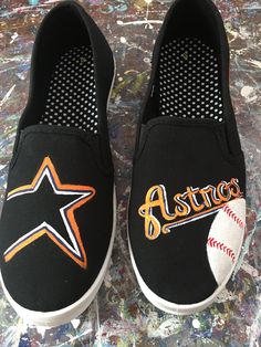 Painted Canvas Shoes, Painted Canvas, Hand Painted Canvas, Houston Astros Logo, Painted Shoes, Houston Astros, Vans Classic Slip On Sneaker