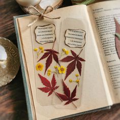 an open book with pressed autumn leaves on the pages and some yellow flowers next to it