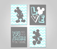 three mickey mouse wall art prints in blue and gray