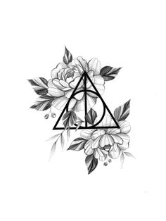 the deathly triangle with flowers and leaves on it is drawn in pencil by hand