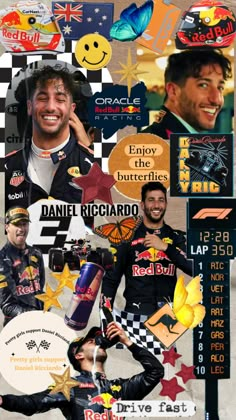 a collage of racing drivers and their names on the side of a road with signs