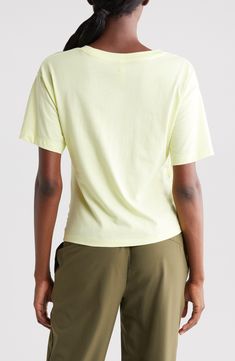 Ruched sides add flattering asymmetry to a supersoft pima cotton T-shirt that easily takes you from studio to street. 21" length (size Medium) Crewneck Short sleeves Drawcord-toggle hem 100% pima cotton Machine wash, tumble dry Imported Sporty Organic Cotton T-shirt For Spring, Green Athleisure Tops For Everyday, Spring Sporty Tops With Shirttail Hem, Casual Short Sleeve Pima Cotton Top, Casual Pima Cotton Short Sleeve Top, Spring Athleisure Relaxed Fit T-shirt, Sporty Spring Tops With Shirttail Hem, Spring Organic Cotton Tops, Summer Short Sleeve Pima Cotton Tops