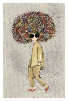 a drawing of a man walking with a bunch of flowers on top of his head