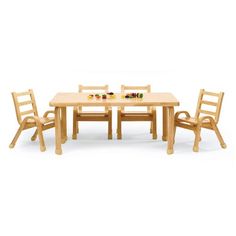 a wooden table and chairs set up on a white background