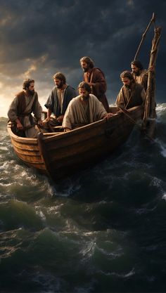 a group of men riding on top of a wooden boat in the middle of water